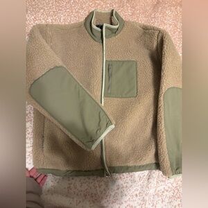 Tan Fleece Jacket with Green Accents